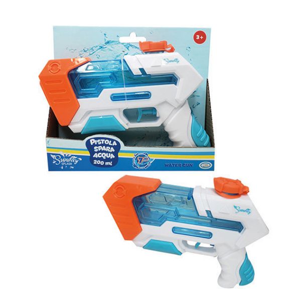 Sunday Splash - Pistola Spara acqua 200 ml.
Pistola sparacqua a pompa 
misura cm 20*4*16 cm.
caricatore capacità ml 200