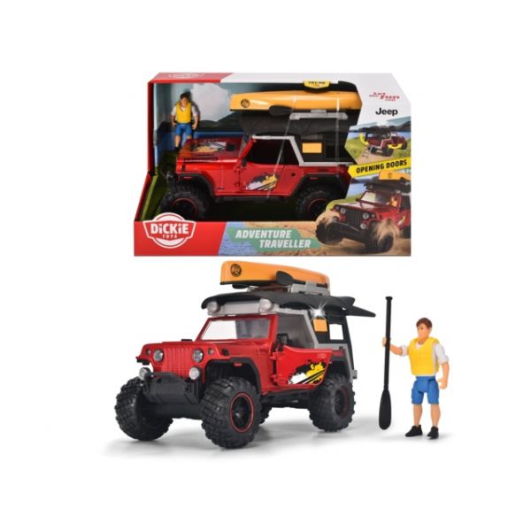 Dickie - Adventure Traveler with Jeepster Commando in 1:24 scale with camping roof, opening parts, lights and sounds, canoe, oar, figure