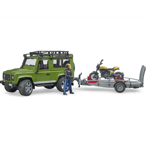 Land Rover Defender with trailer and Ducati Scrambler Full Throttle