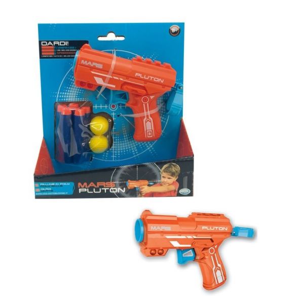 Mars - Pluton Shooting gun and balls cm. 15.6*3*9.9 spring loaded 2 balls and 5 darts included