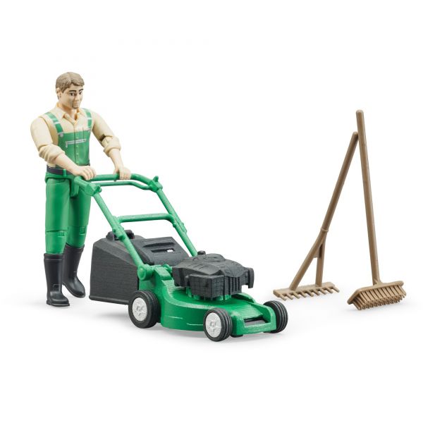 BWorld - Gardener with lawn mower and tools