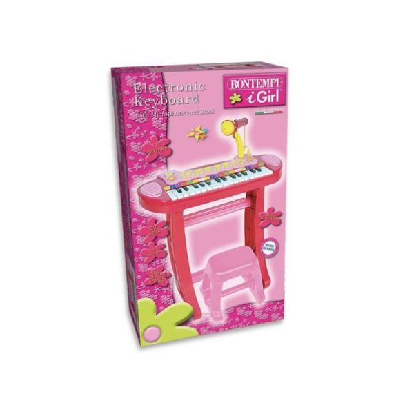 31-key electronic keyboard with microphone, support legs and stool. 15 demos, 2 sounds, 8 rhythms. Echo function for notes only.
