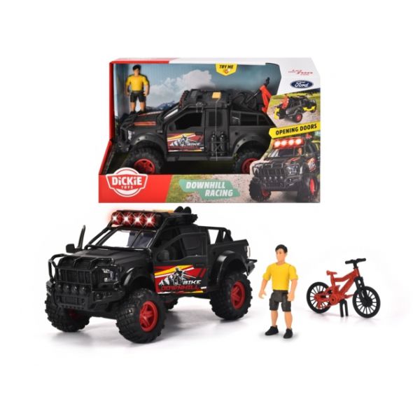Dickie - Downhill Racing with Ford Raptor in scale 1:24 with bike racks, opening parts, lights and sounds, figure and e-bike