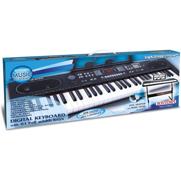 61-key keyboard. 10-note polyphony, 200 sounds, 200 rhythms with Arranger and easy chord management. 60 pre-recorded songs. 5 accompaniment sounds. 3 learning levels. Display to view the current functions. Sequencer: for recording