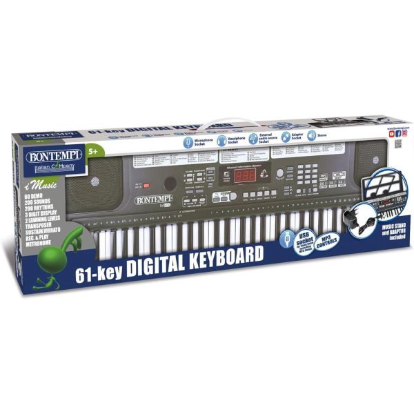 61-key medium pitch digital keyboard with USB socket and mains adapter