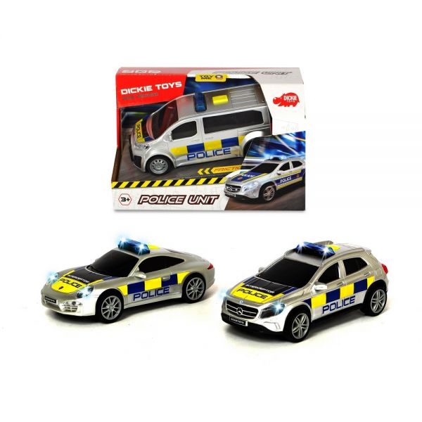 Police Unit, 3-asst. cm. 15, 1:32 scale, lights and sounds, try me. The assortment includes 3 Porsches, 2 Mercedes and 1 Citroën