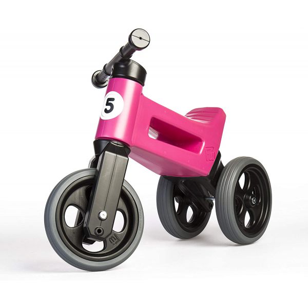 Funny Wheels - Tricycle / Balance Bike convertible 2 in 1, Rider Sport with silent rubber wheels and Adjustable in Height - Cool Pink