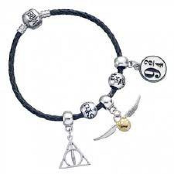 Harry Potter Charm Set - Black Leather Bracelet / Deathly Hallows / Snitch / Rail / 2 Spell Beads