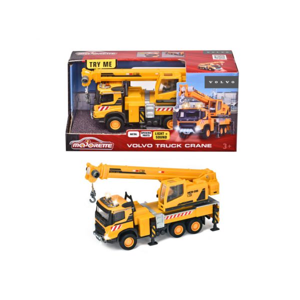 Majorette Grand Series Volvo Truck Crane lights and sounds, 22 cm freewheel operation, die cast cab, moving parts, extendable and revolving crane, lights and sounds, rubber tires