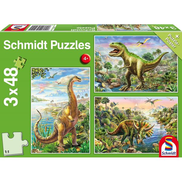 3 Puzzle da 48 Pezzi - Avventura con i Dinosauri