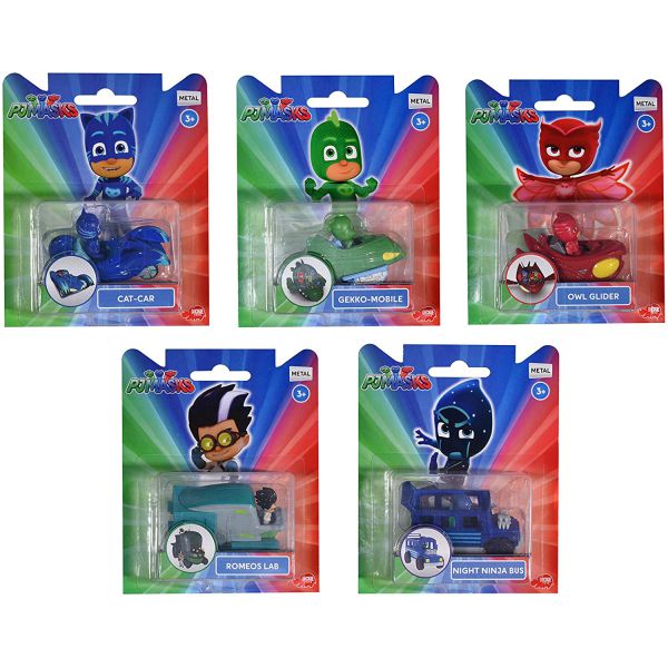 PJ Masks veicolo die cast con mini personaggio cm.7 - 3 asst. (12 Gattomobile di Gattoboy, 12 Gecomobile di Geco, 12 Gufaliante di Gufetta)