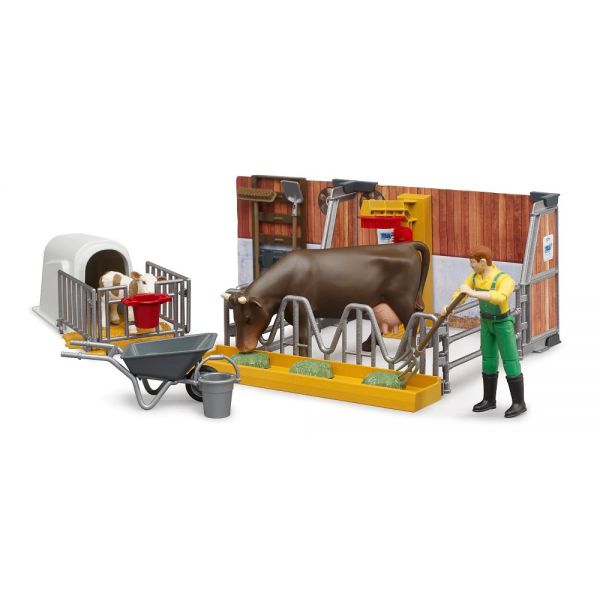 Stable with cow and calf, farmer with accessories