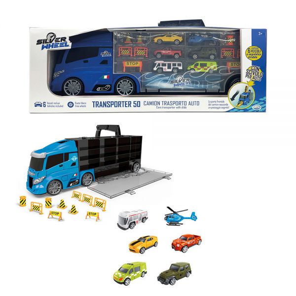 Silver Wheel - Transporter 50 with 6 plastic cars and accessories front slide, traffic signs, opening on two sides.