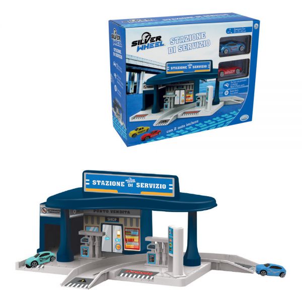 Silver Wheel - Service Station measures: 33*15*23 cm with 2 freewheeling die cast cars