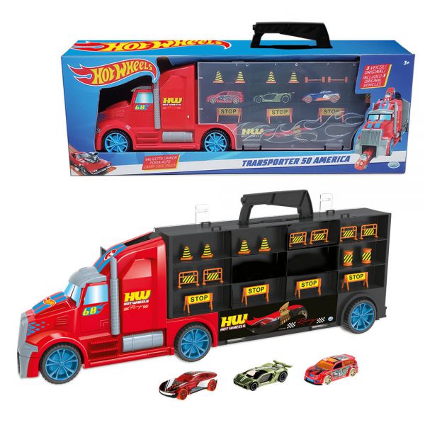 Hot Wheels - Transporter 50 American cab with 3 HW cars and traffic signals, handle, front slide. Length 50cm. Holds up to 28 cars.
