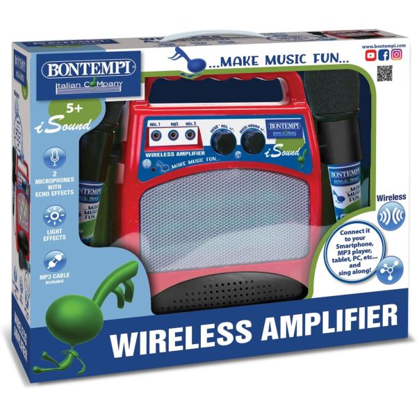 Wireless amplifier with 2 microphones with echo effect. Connection socket for an MP3 player (cable included). Luminous effect.