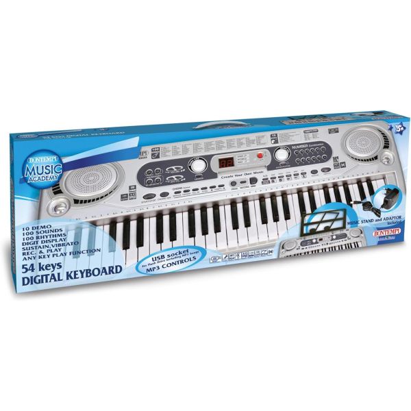 54 key keyboard with LCD display. 100 sounds. 4 note polyphony, 100 rhythms, 10 pre-recorded songs. Mains adapter socket included. USB socket for Flash drive.
