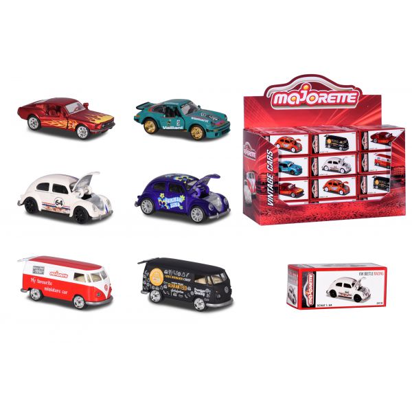Majorette Vintage Cars with collector&#39;s box -4 asst., In ready-to-sell display of 36 pcs., With an exclusive car!