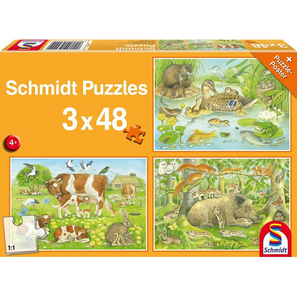 3 Puzzle da 48 Pezzi - Famiglie Animali