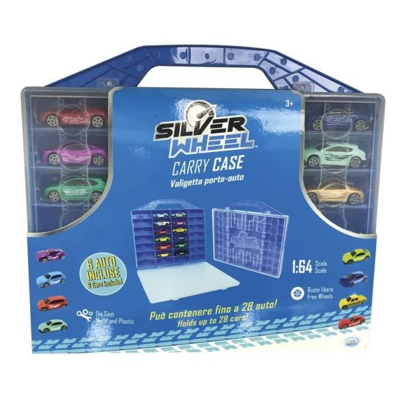 Silver Wheel - Cars Case measures 33*30*4 cm with 6 die cast cars and can hold up to 28 sc cars. 1:64