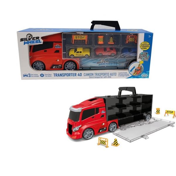 Silver Wheel - Transporter 40, Truck with 3 die-cast cars included, traffic signs, handle and front slide