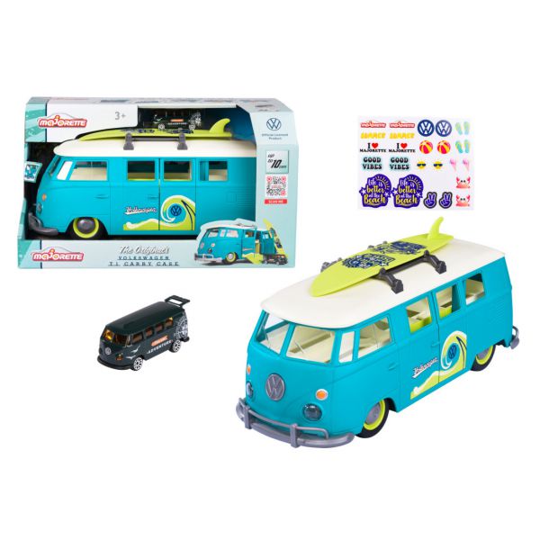 Majorette VW The Originals Carry Case VW T1 cm.31 freewheeling operation, can contain 9 cars of 7,5 cm., including 1 car, lights and sounds, surfboard, stickers, removable roof, opening engine compartment