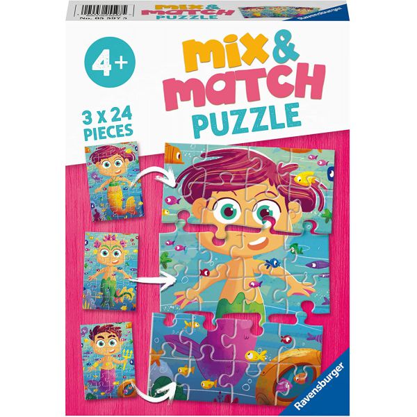 3 Puzzle da 24 Pezzi Mix & Match - Sirenette e Mostri Marini