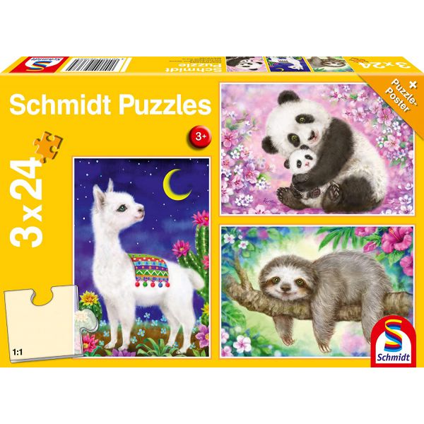 3 Puzzle da 24 Pezzi - Panda, Bradipo e Lama