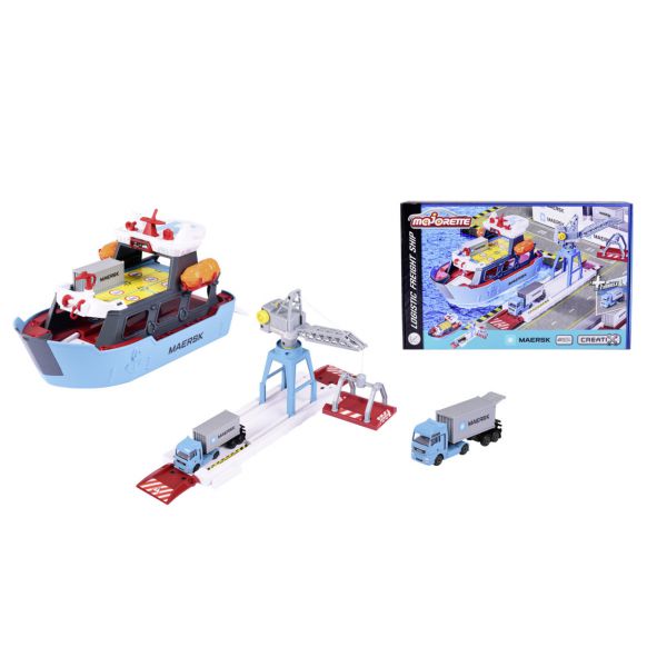 Majorette MAERSK Creatix - Container Ship cm.52 +1 playset vehicle with container ship and loading platform with crane, including a vehicle and a container, two rescue boats, boat size: 52cm.