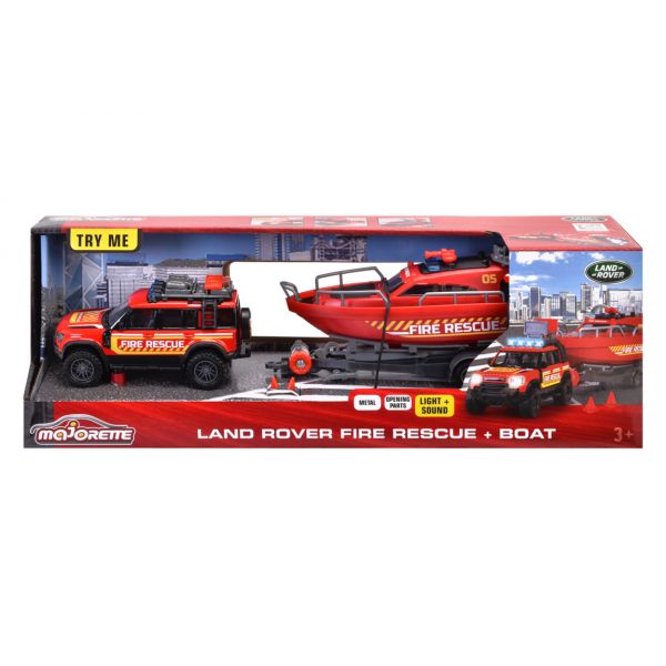 Majorette Grand Series Land Rover + Firefighter Boat, lights and sounds 34 cm, freewheel operation, die cast car body, trolley with working hook, lights and sounds, rubber tyres, boat
