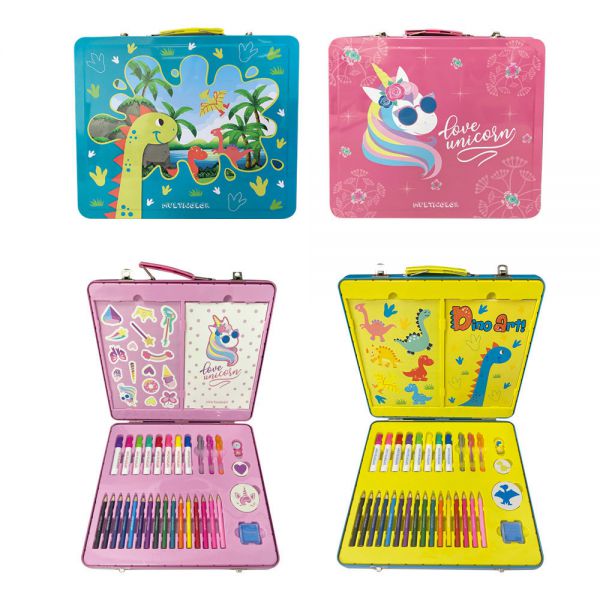 Multicolor - Tin Case 30.5*28*4 cm. Contains: block with 45 sheets, stickers, 16 colored pencils, 8 coarse felt-tip pens, shaped eraser, stencil Assortments: unicorns and dinosaurs