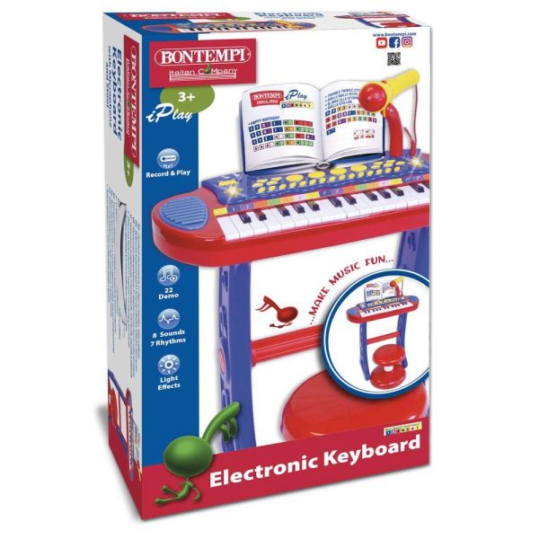 31-key electronic keyboard with microphone, legs and stool. 4 pads for playing drums, 8 sounds, 7 rhythms. 22 pre-recorded songs,