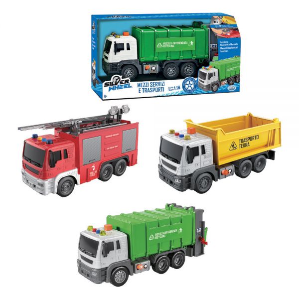 Silver Wheel - Means of work friction vehicles, mechanical pump operation, with lights and sounds assortment: truck with tipping body measures 25*9*11 cm., garbage vehicle measures 26.5*11*12.5 cm., fire truck measures 25* 14.5*8cm, bacteria