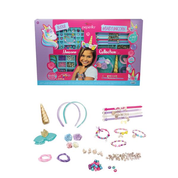 Peperilla - Bijoux Baby Unicorn Collection set to create bracelets with charms, beads and letters, accessories featuring unicorn package size 70*41*5.5 cm