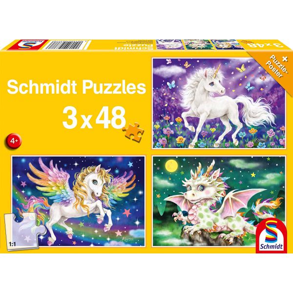 3 Puzzle da 48 Pezzi - Drago, Unicorno e Pegaso