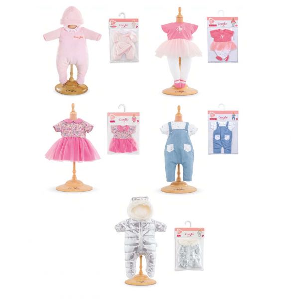 Corolle 20pcs clothes for dolls cm.36 - 5 asst (4x9000140010 pink jumpsuit, 4x9000140640 ballerina, 4x9000140580 flower dress, 4x9000140600 dungarees, 4x9000140650 winter jumpsuit)