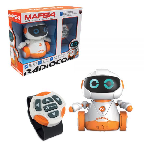 Radiocom - Mars 4 , 
robot radiocomandato ad infrarossi cm.10, controller da polso a forma di orologio, batterie incluse