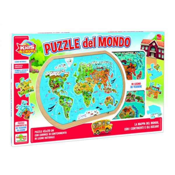 Puzzle da 36 Pezzi in Legno - Kids Activity: Puzzle del Mondo 45x29 cm
