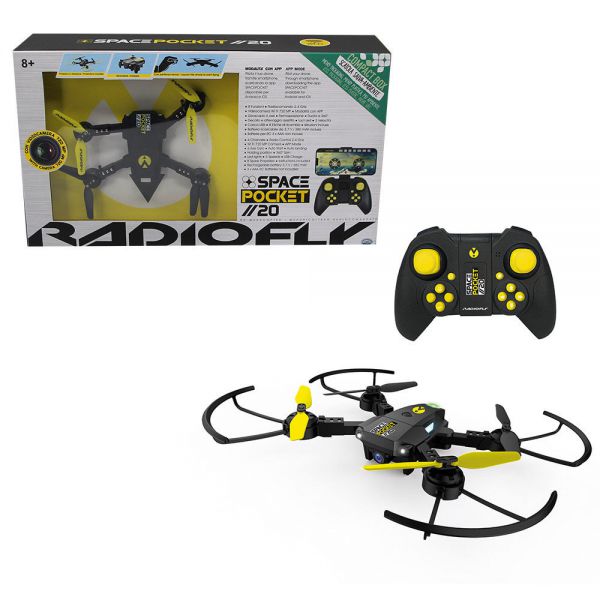 Radiofly - Space Pocket // 20 FOLDABLE, size 18*18*4.5 cm START FUNCTION LAUNCH fixed position, compass, assisted take-off and landing 720 P WI-FI video camera, APP to view photos and videos and pilot smartphone support