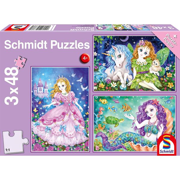 3 Puzzle da 48 Pezzi - Principessa, Fatina e Sirena