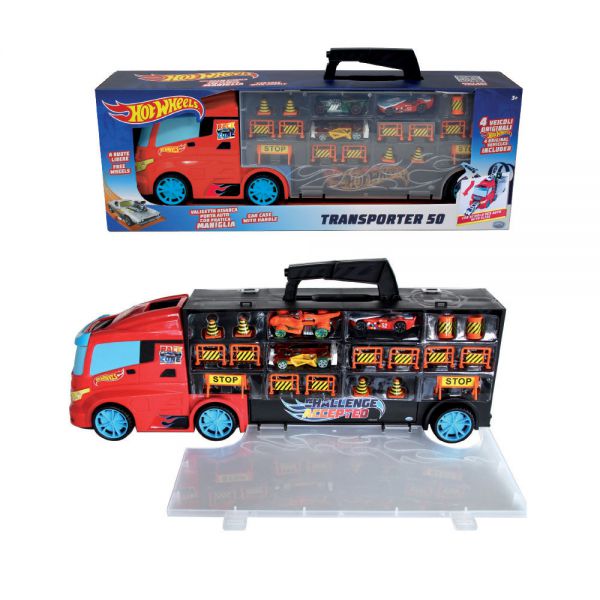 Hot Wheels - Transporter 50 European cab with 3 HW cars and traffic signals, handle, front slide. Length 50cm. Holds up to 28 cars.